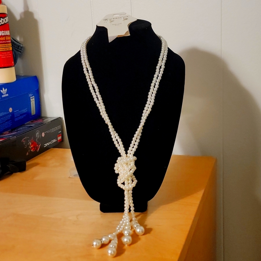 Costume Pearl long double tie necklace